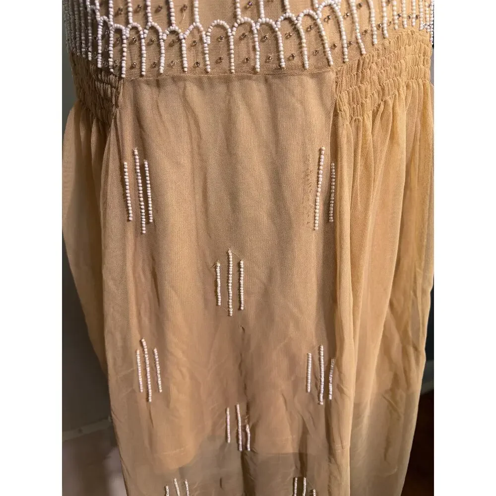 Together Beaded Midi Dress Nude Art Deco Gatsby 1920s Style Mesh Formal - Size 8